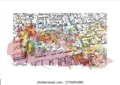 Building view with landmark of The city of Abaetetuba is located in Para State, Brazil. Watercolor splash with hand drawn sketch illustration in vector.