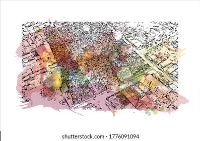 Building view with landmark of The city of Abaetetuba is located in Para State, Brazil. Watercolor splash with hand drawn sketch illustration in vector.