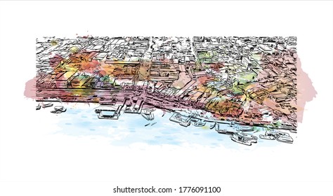 Building view with landmark of The city of Abaetetuba is located in Para State, Brazil. Watercolor splash with hand drawn sketch illustration in vector.