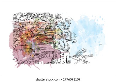 Building view with landmark of The city of Abaetetuba is located in Para State, Brazil. Watercolor splash with hand drawn sketch illustration in vector.