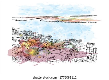 Building view with landmark of The city of Abaetetuba is located in Para State, Brazil. Watercolor splash with hand drawn sketch illustration in vector.