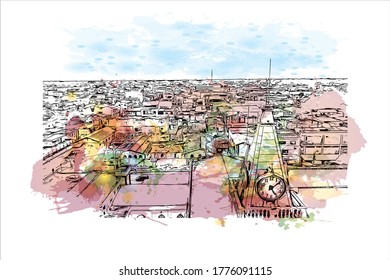 Building view with landmark of The city of Abaetetuba is located in Para State, Brazil. Watercolor splash with hand drawn sketch illustration in vector.