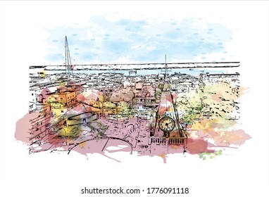 Building view with landmark of The city of Abaetetuba is located in Para State, Brazil. Watercolor splash with hand drawn sketch illustration in vector.