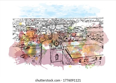 Building view with landmark of The city of Abaetetuba is located in Para State, Brazil. Watercolor splash with hand drawn sketch illustration in vector.