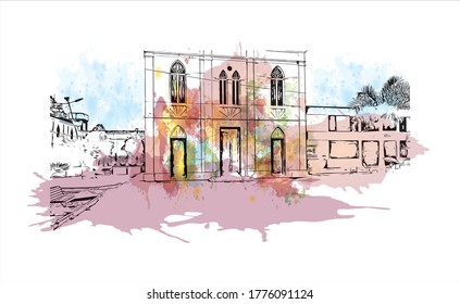 Building view with landmark of The city of Abaetetuba is located in Para State, Brazil. Watercolor splash with hand drawn sketch illustration in vector.