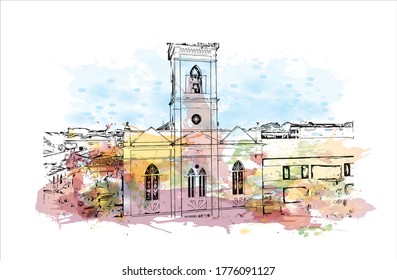 Building view with landmark of The city of Abaetetuba is located in Para State, Brazil. Watercolor splash with hand drawn sketch illustration in vector.