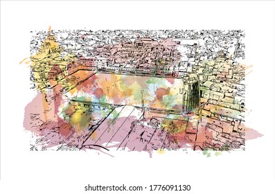 Building view with landmark of The city of Abaetetuba is located in Para State, Brazil. Watercolor splash with hand drawn sketch illustration in vector.