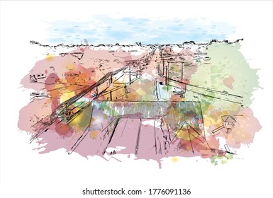 Building view with landmark of The city of Abaetetuba is located in Para State, Brazil. Watercolor splash with hand drawn sketch illustration in vector.