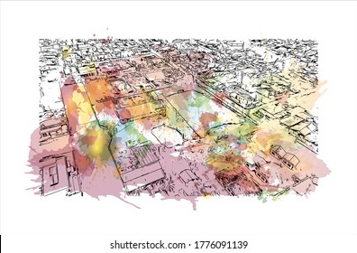 Building view with landmark of The city of Abaetetuba is located in Para State, Brazil. Watercolor splash with hand drawn sketch illustration in vector.