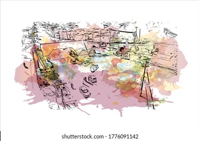 Building view with landmark of The city of Abaetetuba is located in Para State, Brazil. Watercolor splash with hand drawn sketch illustration in vector.