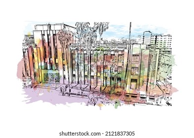 Building view with landmark of Medellín is the 
city in Colombia. Watercolor splash with hand drawn sketch illustration in vector.