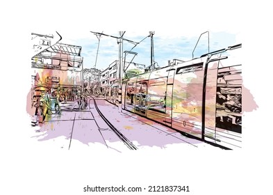 Building view with landmark of Medellín is the 
city in Colombia. Watercolor splash with hand drawn sketch illustration in vector.