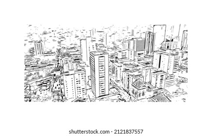 Building view with landmark of Medellín is the 
city in Colombia. Hand drawn sketch illustration in vector.