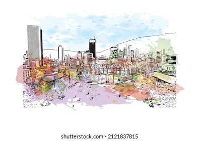 Der Blick auf das Gebäude mit Wahrzeichen von Medellín ist der 
Stadt in Kolumbien. Aquarellspritzer mit handgezeichneter Skizzengrafik in Vektorgrafik.