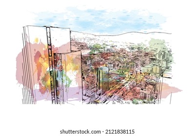 Building view with landmark of Medellín is the 
city in Colombia. Watercolor splash with hand drawn sketch illustration in vector.