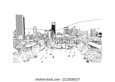 Building view with landmark of Medellín is the 
city in Colombia. Hand drawn sketch illustration in vector.