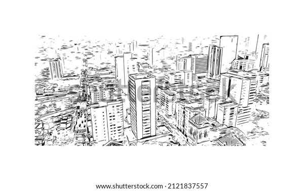 Building view with\
landmark of Medellín is the \
city in Colombia. Hand drawn sketch\
illustration in\
vector.