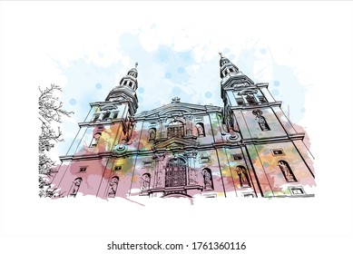 Building view with landmark of Würzburg is a city in Germany's Bavaria region. Watercolor splash with Hand drawn sketch illustration in vector.