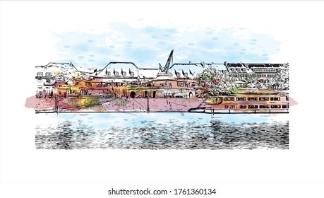 Building view with landmark of Würzburg is a city in Germany's Bavaria region. Watercolor splash with Hand drawn sketch illustration in vector.