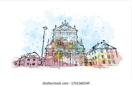 Building view with landmark of Würzburg is a city in Germany's Bavaria region. Watercolor splash with Hand drawn sketch illustration in vector.