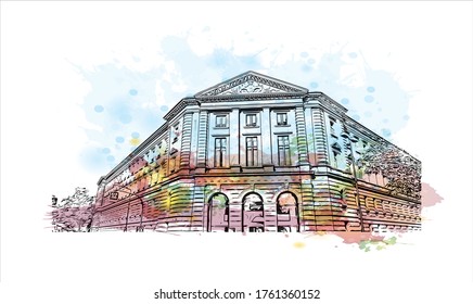 Building view with landmark of Würzburg is a city in Germany's Bavaria region. Watercolor splash with Hand drawn sketch illustration in vector.