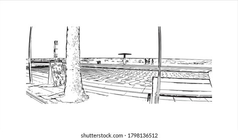 Building view with landmark of Almería is a city in southeast Spain. The Alcazaba is an imposing Moorish fortress overlooking the city. Hand drawn sketch illustration in vector.