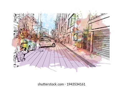 Building view with landmark of Diyarbakır is the 
city in Turkey. Watercolour splash with hand drawn sketch illustration in vector.