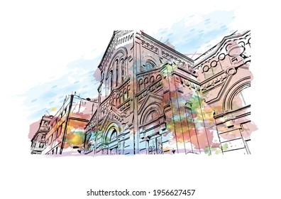 Building view with landmark of Ciudad Madero is the 
city in Mexico. Watercolour splash with hand drawn sketch illustration in vector.