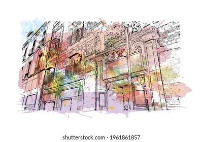 Building view with landmark of Ciudad Madero is the 
city in Mexico. Watercolor splash with hand drawn sketch illustration in vector.