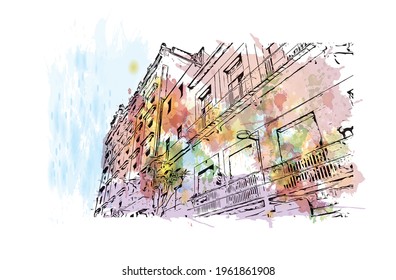 Building view with landmark of Ciudad Madero is the 
city in Mexico. Watercolor splash with hand drawn sketch illustration in vector.