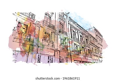 Building view with landmark of Ciudad Madero is the 
city in Mexico. Watercolor splash with hand drawn sketch illustration in vector.