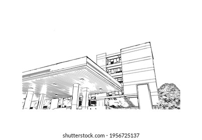 Building view with landmark of Ciudad Valles is the 
city in Mexico. Hand drawn sketch illustration in vector.