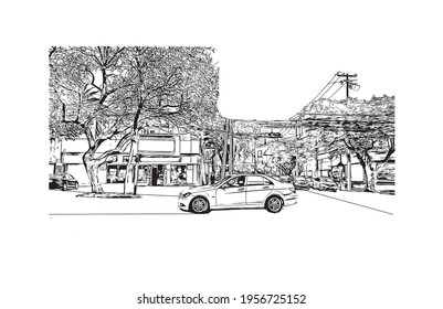 Building view with landmark of Ciudad Valles is the 
city in Mexico. Hand drawn sketch illustration in vector.