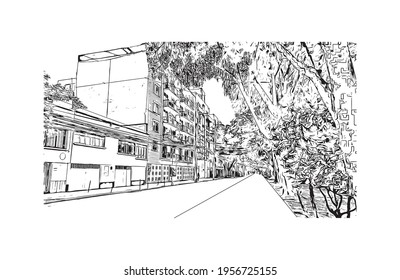 Building view with landmark of Ciudad Valles is the 
city in Mexico. Hand drawn sketch illustration in vector.