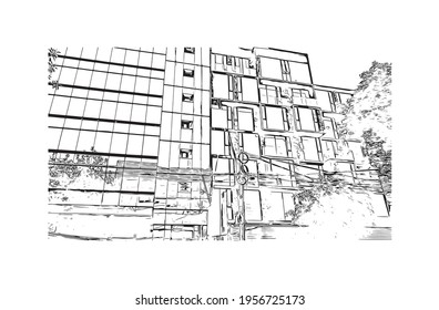 Building view with landmark of Ciudad Valles is the 
city in Mexico. Hand drawn sketch illustration in vector.