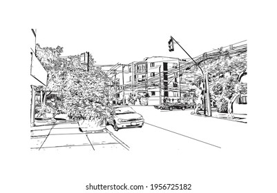 Building view with landmark of Ciudad Valles is the 
city in Mexico. Hand drawn sketch illustration in vector.