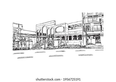 Building view with landmark of Ciudad Valles is the 
city in Mexico. Hand drawn sketch illustration in vector.