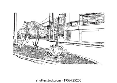 Building view with landmark of Ciudad Valles is the 
city in Mexico. Hand drawn sketch illustration in vector.