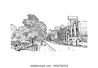 Building view with landmark of Ciudad Valles is the 
city in Mexico. Hand drawn sketch illustration in vector.