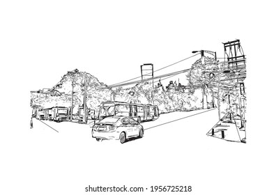 Building view with landmark of Ciudad Valles is the 
city in Mexico. Hand drawn sketch illustration in vector.