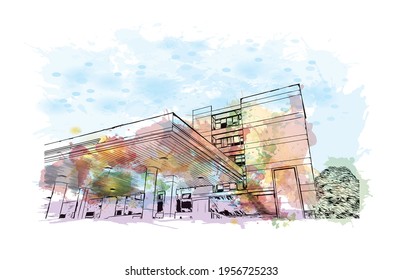 Building view with landmark of Ciudad Valles is the 
city in Mexico. Watercolour splash with hand drawn sketch illustration in vector.