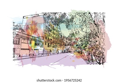 Building view with landmark of Ciudad Valles is the 
city in Mexico. Watercolour splash with hand drawn sketch illustration in vector.