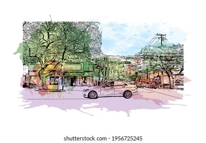 Building view with landmark of Ciudad Valles is the 
city in Mexico. Watercolour splash with hand drawn sketch illustration in vector.