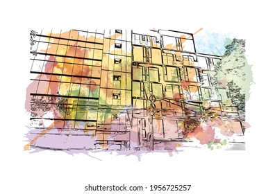 Building view with landmark of Ciudad Valles is the 
city in Mexico. Watercolour splash with hand drawn sketch illustration in vector.