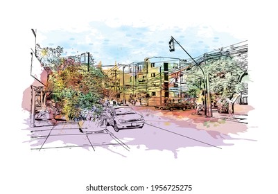 Building view with landmark of Ciudad Valles is the 
city in Mexico. Watercolour splash with hand drawn sketch illustration in vector.