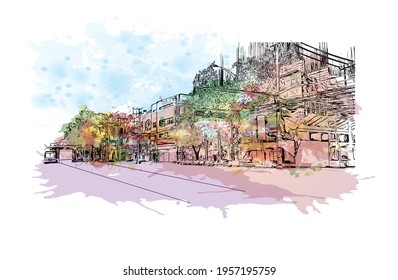 Building view with landmark of Ciudad Valles is the 
city in Mexico. Watercolour splash with hand drawn sketch illustration in vector.