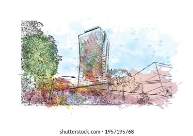 Building view with landmark of Ciudad Valles is the 
city in Mexico. Watercolour splash with hand drawn sketch illustration in vector.