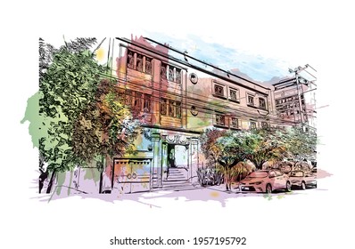 Building view with landmark of Ciudad Valles is the 
city in Mexico. Watercolour splash with hand drawn sketch illustration in vector.