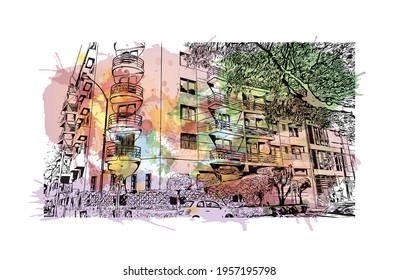 Building view with landmark of Ciudad Valles is the 
city in Mexico. Watercolour splash with hand drawn sketch illustration in vector.