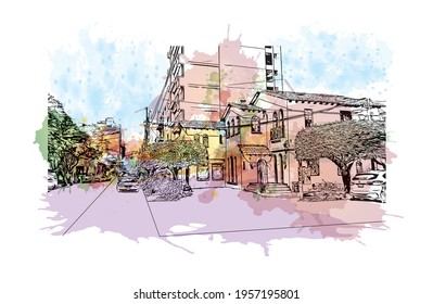 Building view with landmark of Ciudad Valles is the 
city in Mexico. Watercolour splash with hand drawn sketch illustration in vector.